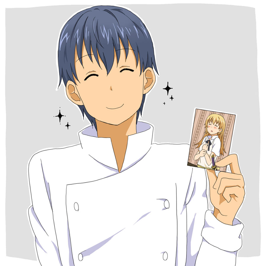 1girl, blonde_hair, blue_hair, chef, closed_eyes, donrima, eyes_closed, long_hair