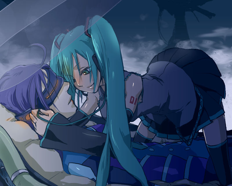 aqua_eyes, aqua_hair, blindfold, girl_on_top, hatsune_miku, headphones, kamui_gakupo, long_hair