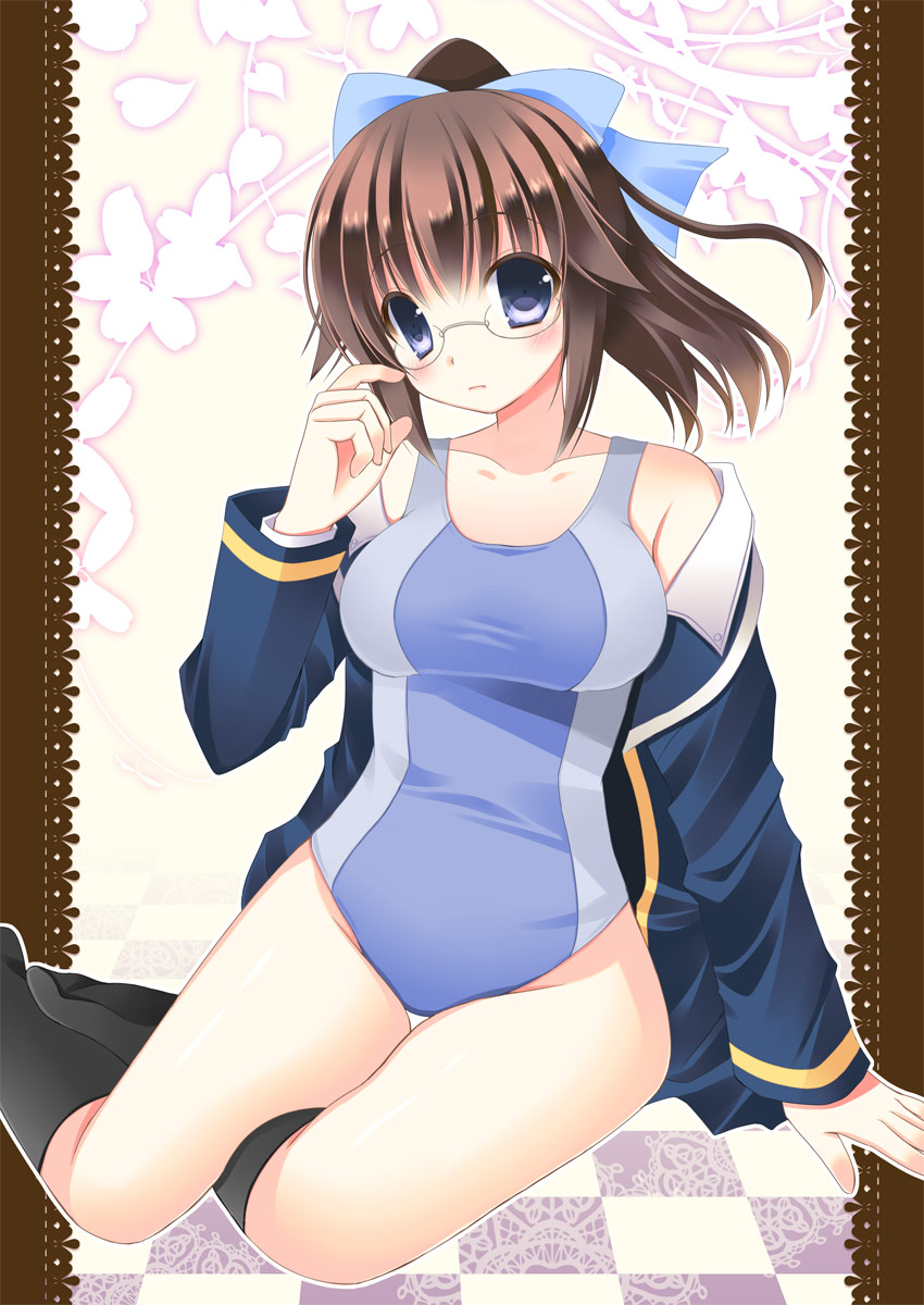 ameya_kirika, blue_eyes, blush, brown_hair, checkered, checkered_floor, competition_swimsuit, glasses
