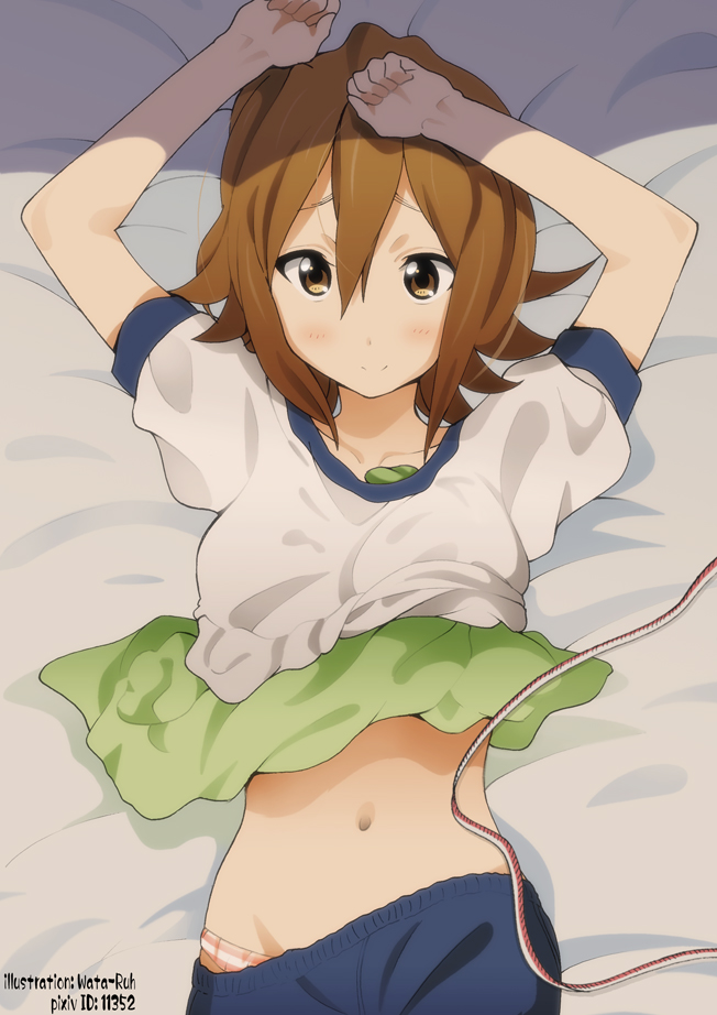 1girl, \o/, alternate_hairstyle, arms_up, artist_name, bed_sheet, blush, breast_padding