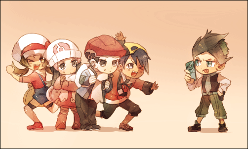 baseball_cap, black_hair, brown_background, chibi, frontier_brain, gold_(pokemon), hat, hikari_(pokemon)