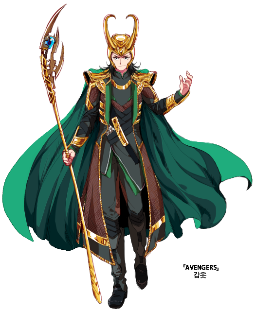 alternate_costume, avengers, black_hair, cape, helmet, horns, jungyun99, loki_(marvel)