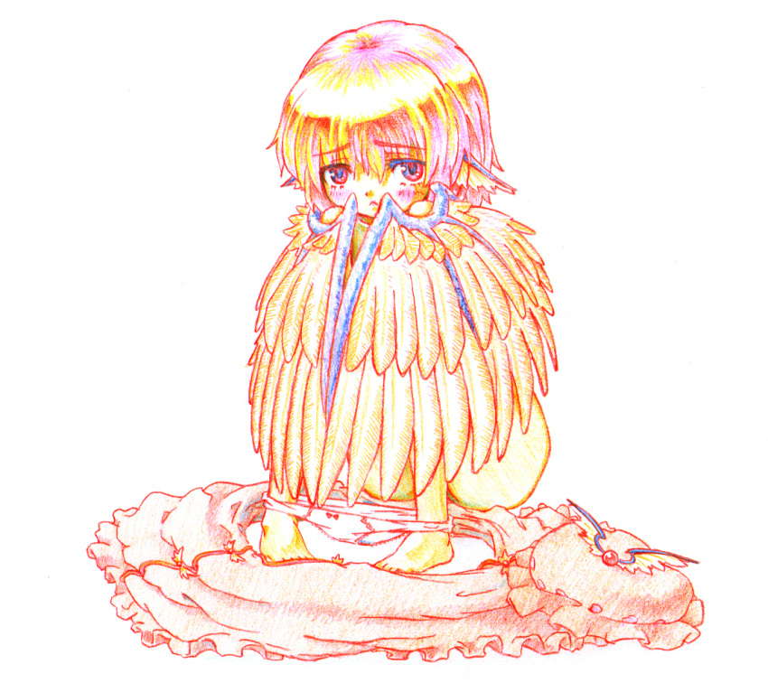 animal_ears, bad_id, barefoot, blush, clothes_removed, colored_pencil_(medium), covering, embarrassed, feconf, frown, hat, hat_removed, headwear_removed, hiding, mystia_lorelei, no_hat, no_headwear, nude, nude_cover, panties, panties_around_ankles, sitting, skirt, solo, touhou, traditional_media, underwear, white_panties, wings