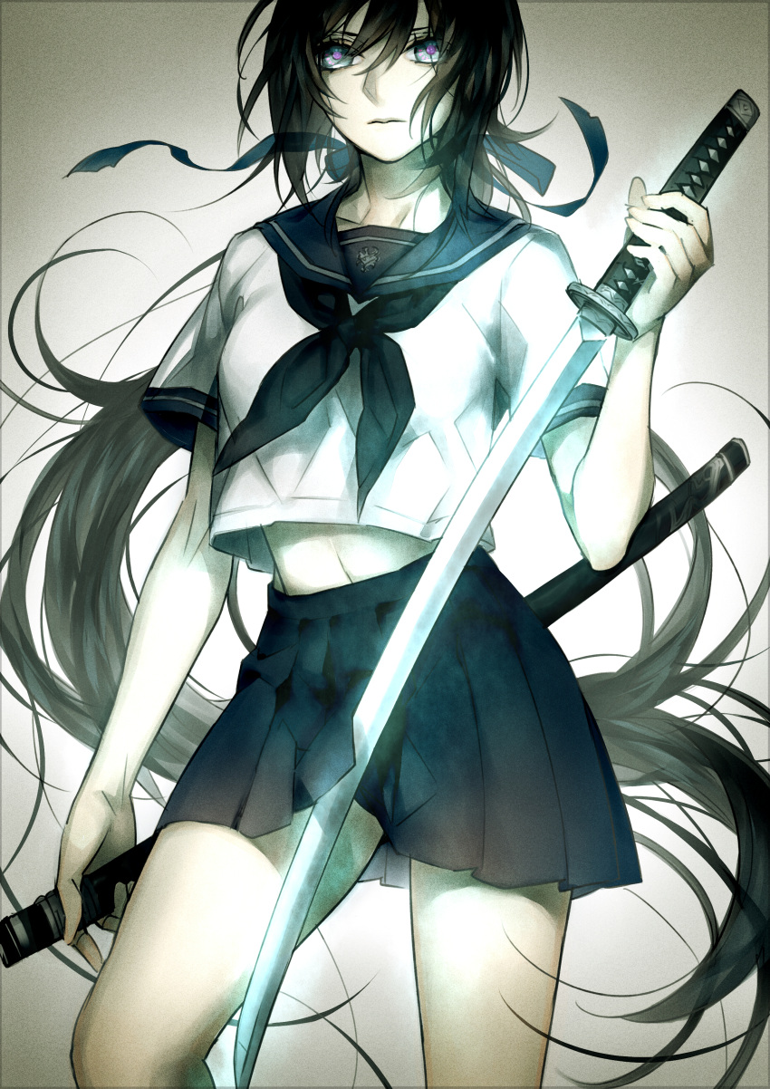 absurdres, black_hair, blue_dress, dress, expressionless, hair_ribbon, highres, holding