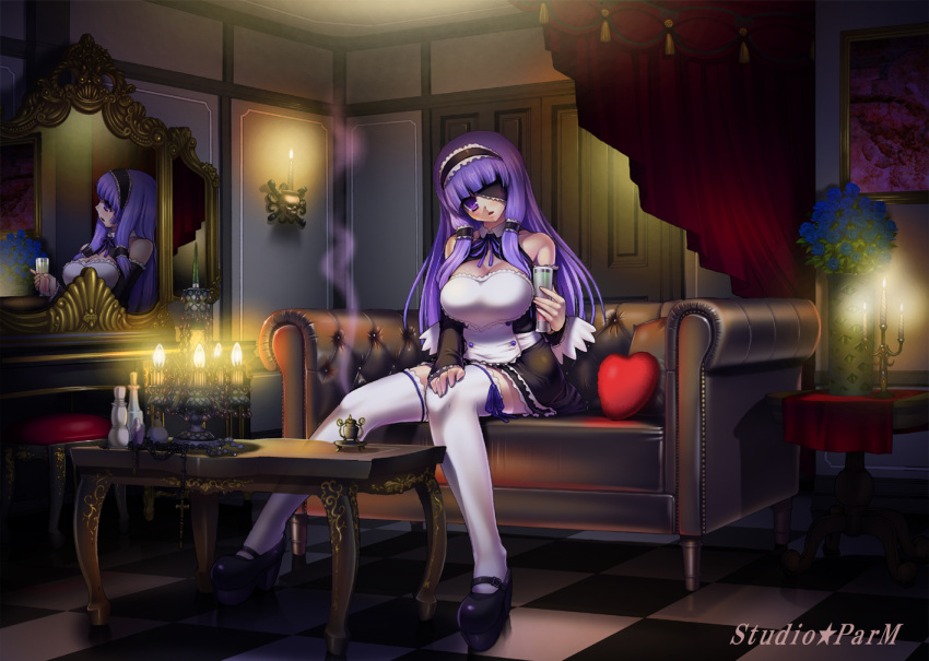 1girl, bad_reflection, bedroom, candle, couch, dream_c_club, eyepatch, flower