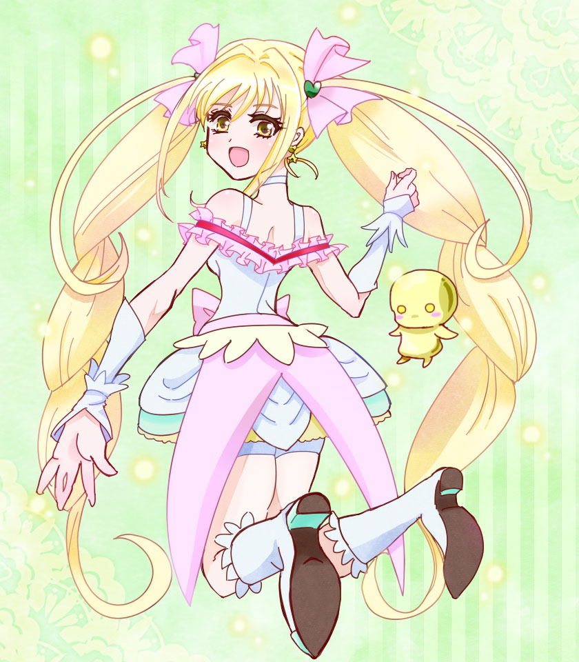 bike_shorts, blonde_hair, boots, choker, creature, cure_echo, earrings, fuu-chan_(precure)