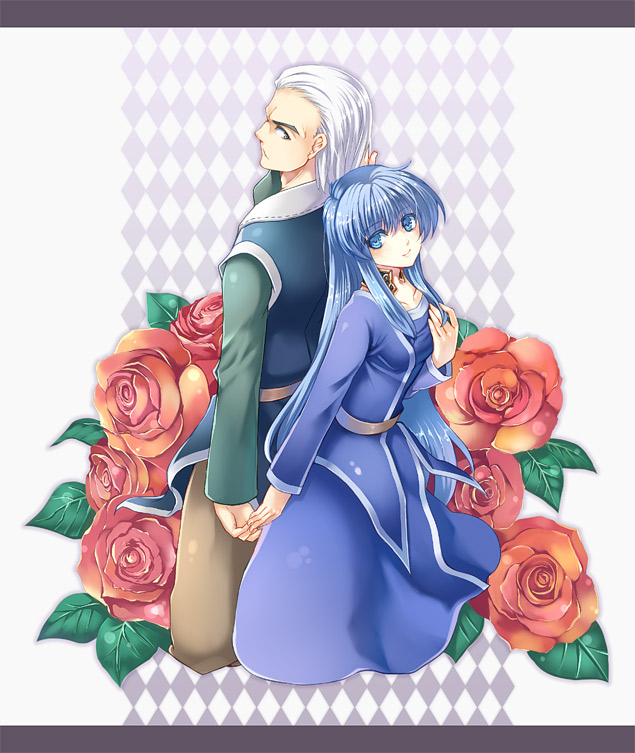 1girl, aisagi, argyle, argyle_background, back-to-back, blue_eyes, blue_hair, dinosaur_(game)