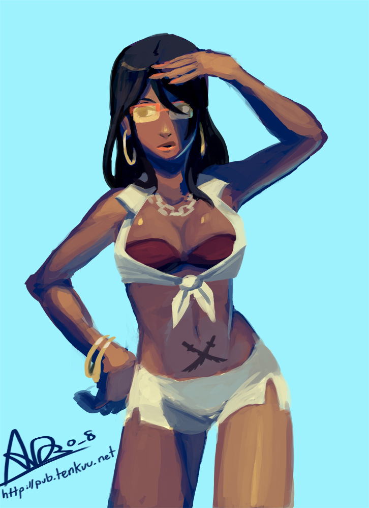 bracelet, breasts, cleavage, dark_skin, earrings, glasses, jewelry, michiko_malandro