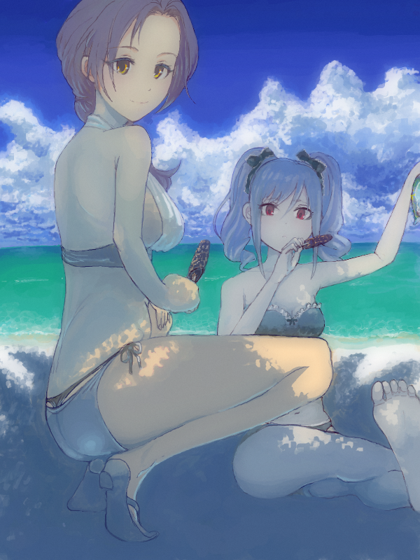 barefoot, bikini, bow, breasts, brown_eyes, brown_hair, character_request, cleavage