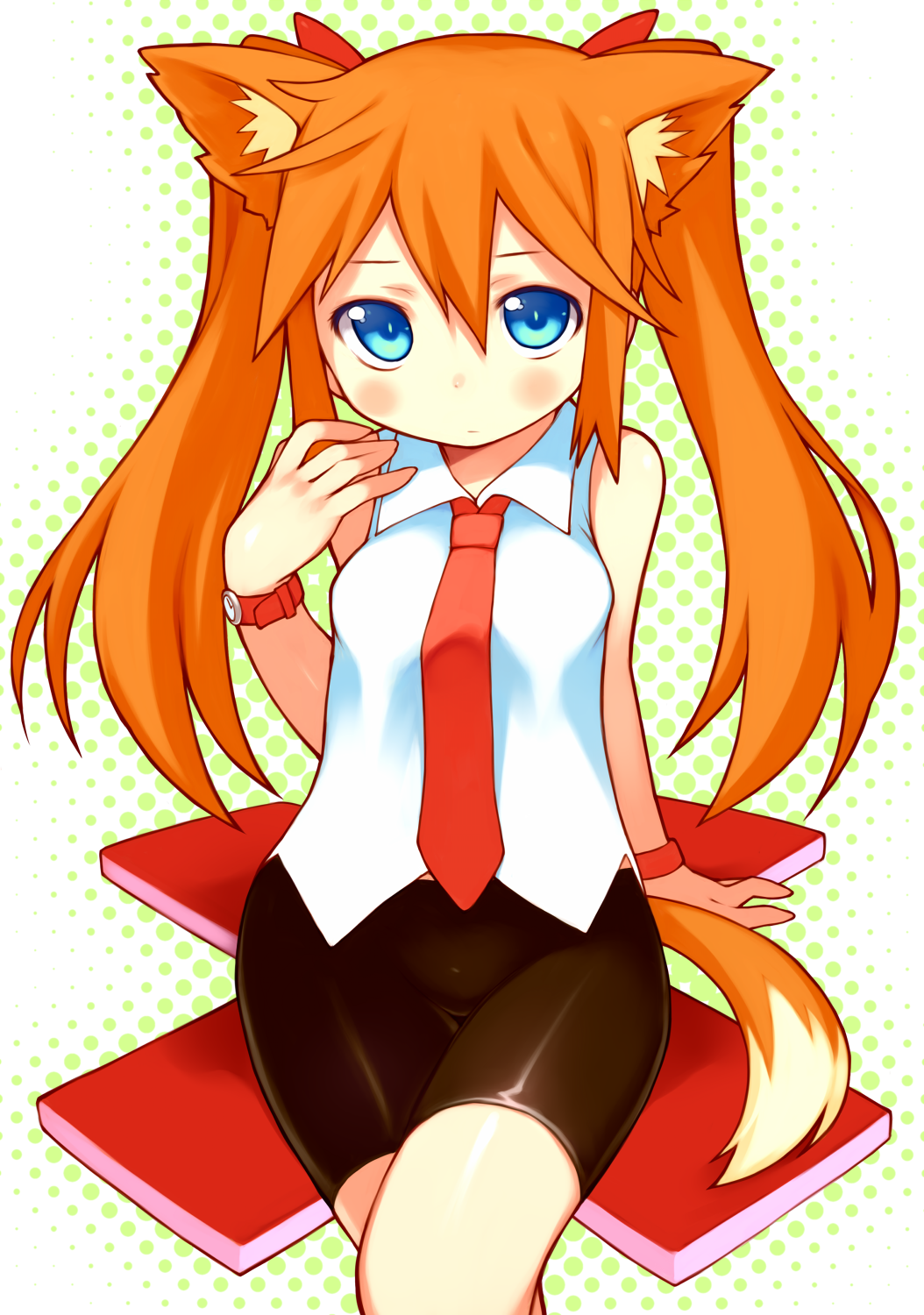 animal_ears, bachera, bare_shoulders, bike_shorts, black_legwear, blue_eyes, collar, crossed_legs
