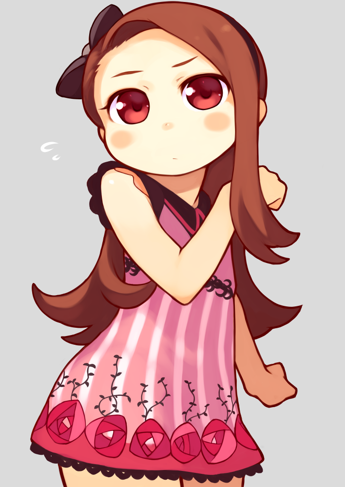 bachera, blush, bow, brown_hair, collar, dress, flat_chest, frills