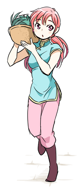 1girl, basket, boots, chuuka_ichiban!, holding, mei_li, open_mouth, pants