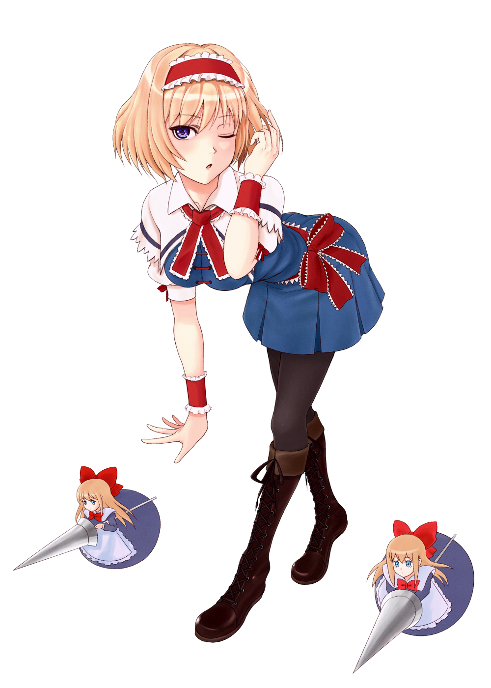 alice_margatroid, black_legwear, blue_eyes, boots, bow, capelet, cross-laced_footwear, dress