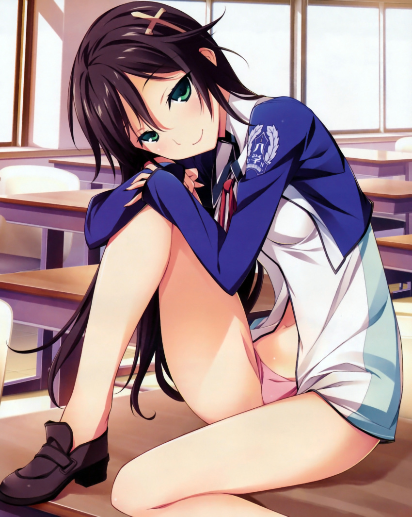 bare_legs, character_request, classroom, copyright_request, green_eyes, hair_ornament, highres, kikuchi_seiji