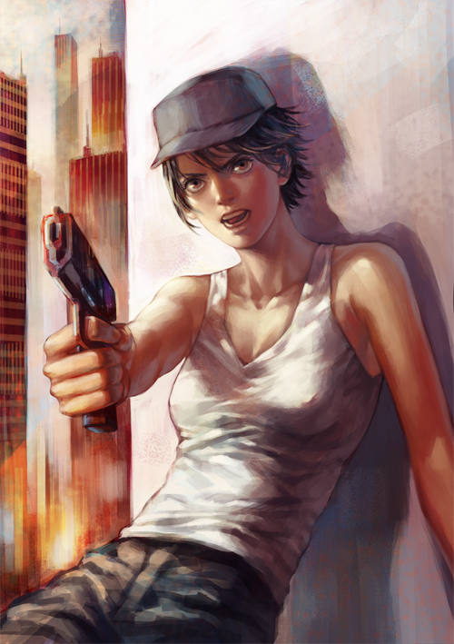 1girl, black_hair, brown_eyes, gun, hat, original, pukun, short_hair