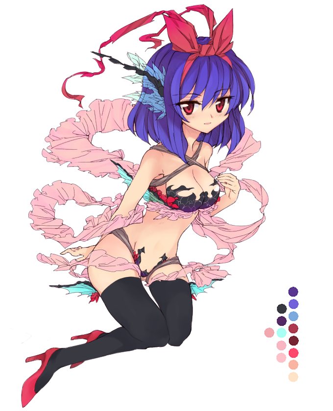 black_legwear, blue_hair, bra, breasts, cleavage, hair_ribbon, high_heels, nagae_iku