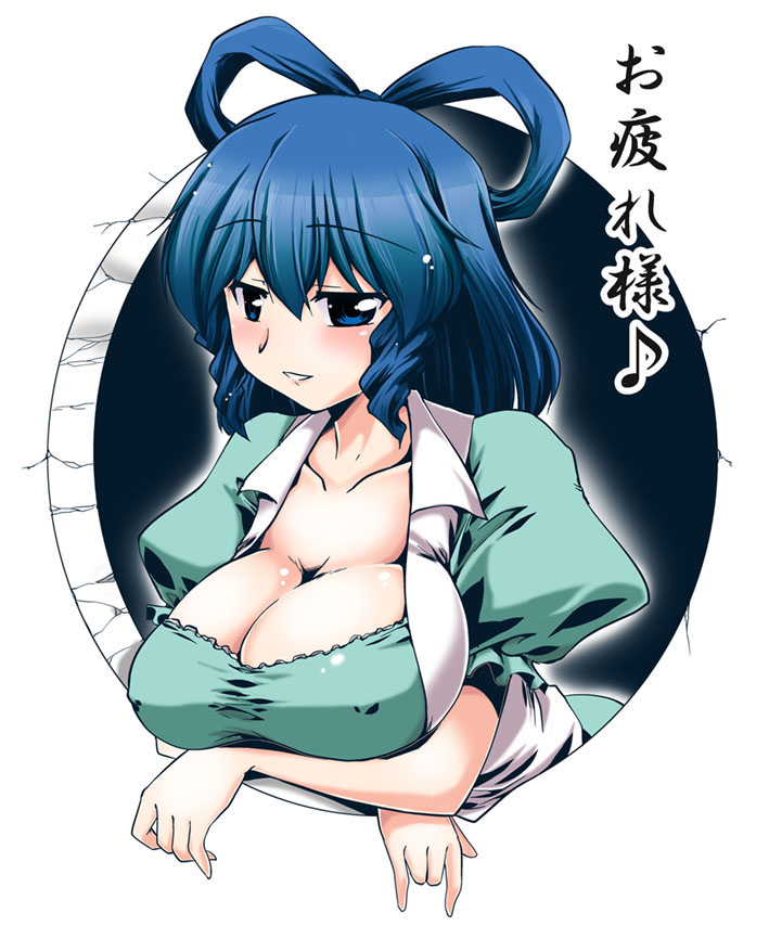 blue_dress, blue_eyes, blue_hair, blush, breast_lift, breasts, cleavage, collarbone, crossed_arms, dress, erect_nipples, gonzaburo, hair_rings, hole, kaku_seiga, large_breasts, leaning_forward, open_vest, smile, solo, touhou, translation_request