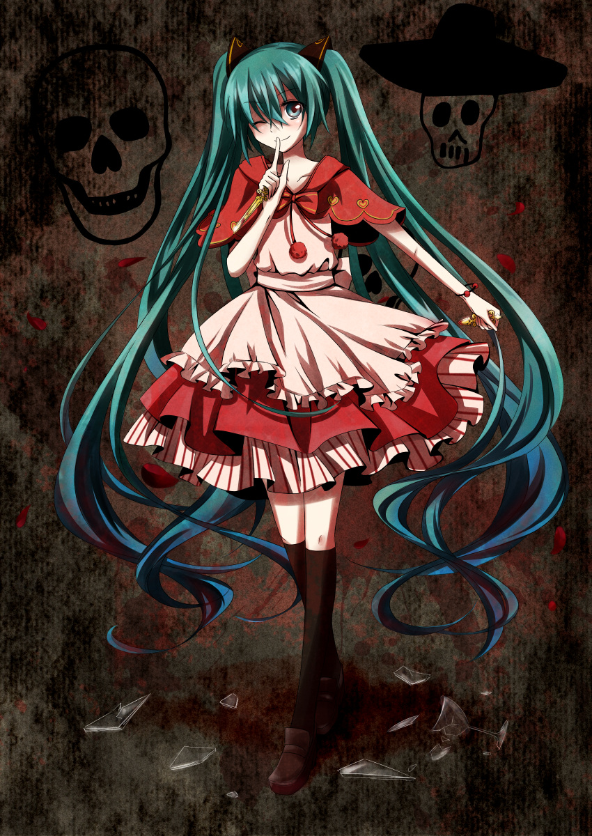 absurdres, aqua_eyes, aqua_hair, bad_end_night_(vocaloid), dress, finger_to_mouth, hatsune_miku, highres