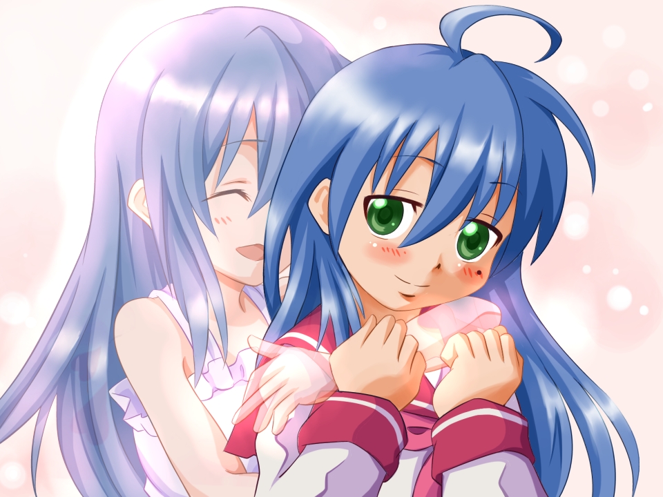 2girls, age_difference, alest_lusia, blue_hair, closed_eyes, eyes_closed, ghost, green_eyes, hug, izumi_kanata, izumi_konata, lowres, lucky_star, mother_and_daughter, multiple_girls, school_uniform, serafuku