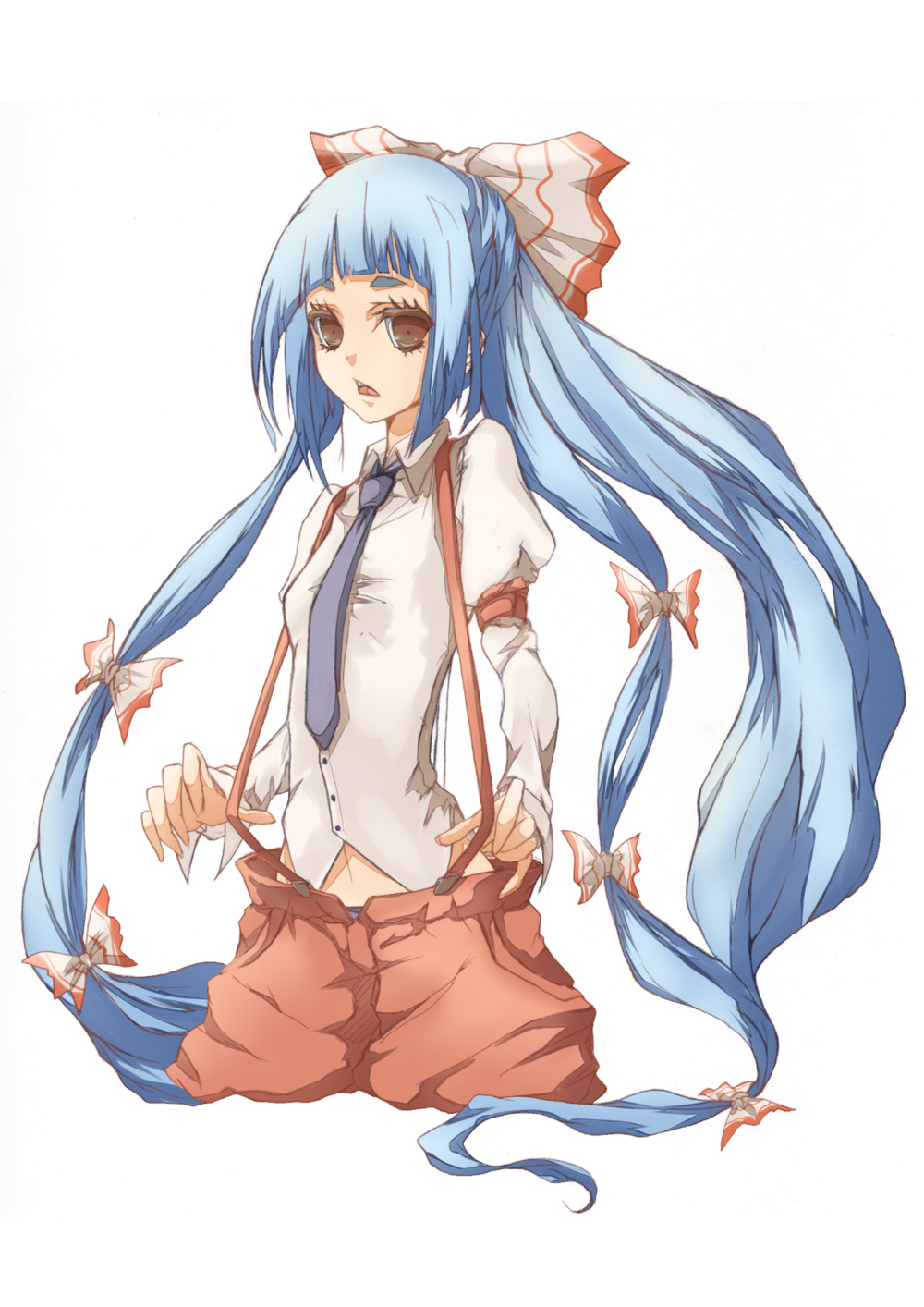 alternate_eye_color, blue_hair, bow, brown_eyes, carradio, colored, colored_eyelashes, fujiwara_no_mokou, hair_bow, highres, long_hair, necktie, solo, suspenders, suzushoku_hiro, touhou
