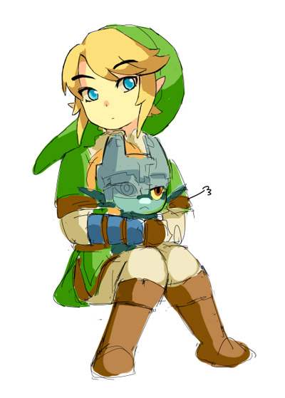 blue_eyes, gloves, hat, helmet, hug, imp, imp_midna, link, midna, muse_(rainforest), nintendo, pointy_ears, red_eyes, sketch, the_legend_of_zelda, toon_link, twilight_princess, wii_version, young_link
