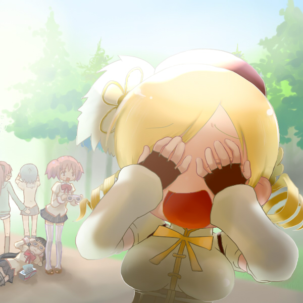 covering, covering_eyes, covering_face, drill_hair, eclipse_glasses, kaname_madoka, magical_girl, mahou_shoujo_madoka_magica