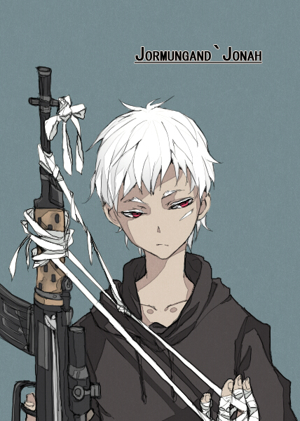 bandage, bandages, cako, cako_(a_ben), dark_skin, gun, johnathan_mar, jormungand