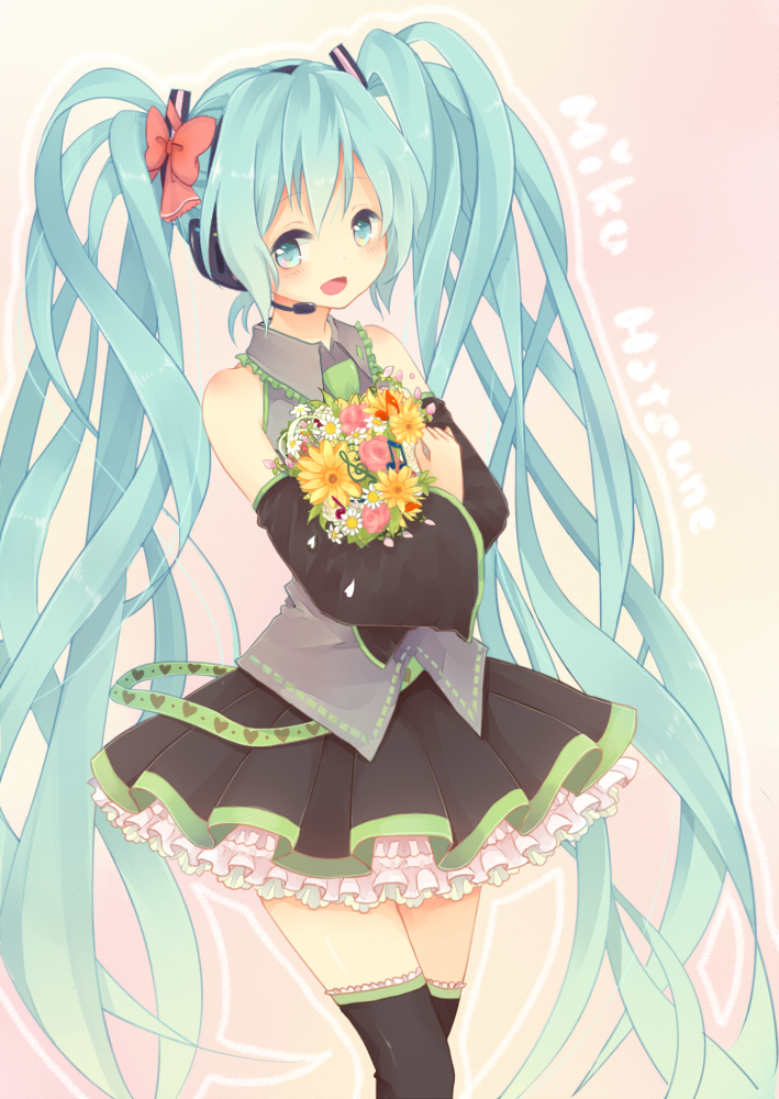 aqua_eyes, aqua_hair, bouquet, bow, character_name, detached_sleeves, flower, hair_bow