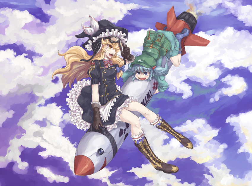 backpack, bag, blue_eyes, blue_hair, boots, cross-laced_footwear, flight_goggles, frills, gloves, hair_bobbles, hair_ornament, hat, highres, kawashiro_nitori, kirisame_marisa, lace-up_boots, mimi-chan, missile, multiple_girls, mumulatte, open_mouth, short_hair, sidesaddle, sitting, tears, touhou, twintails, witch, witch_hat, yellow_eyes, yin_yang