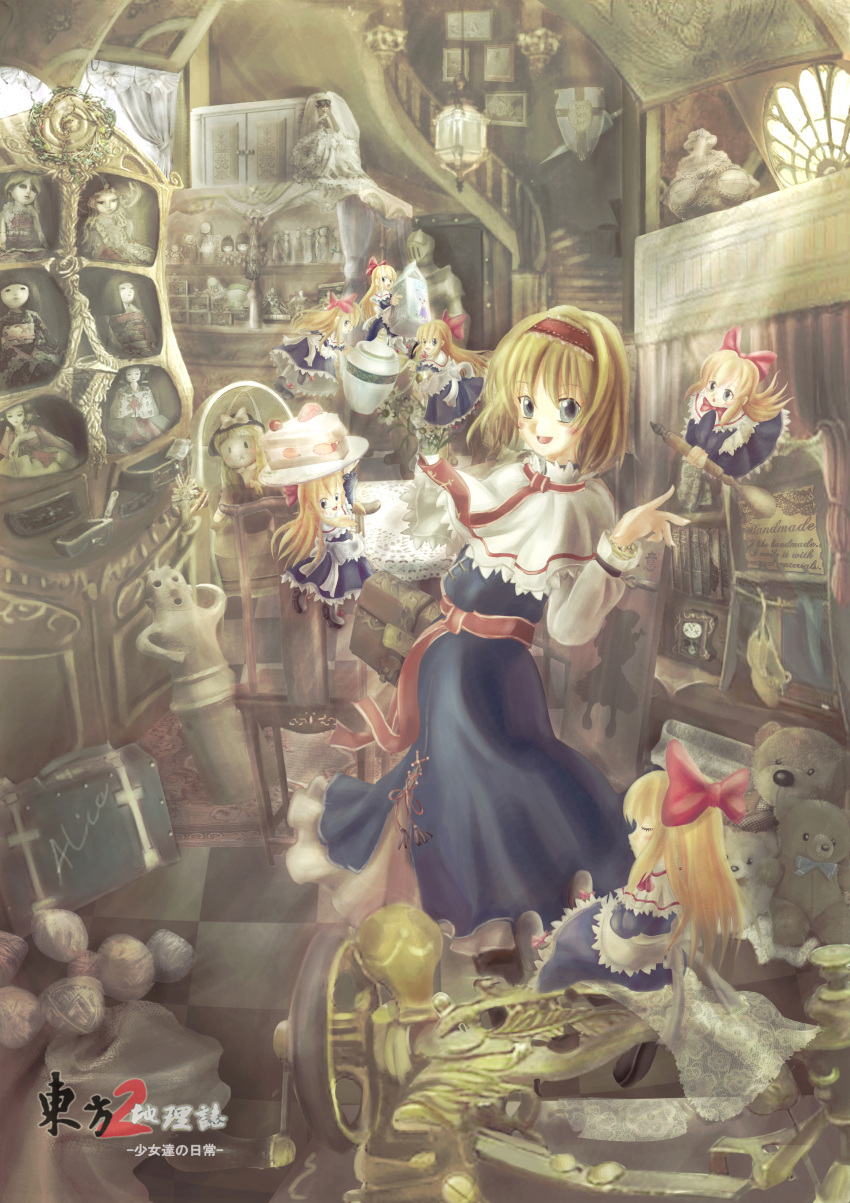 absurdres, alice_margatroid, armor, bear, blonde_hair, blue_eyes, blush, book, bookcase, bookshelf, boots, bow, buta_(jason13dead), cabinet, cake, capelet, case, chair, character_doll, chinese_clothes, cirno, clock, curtains, dogou, dogu, doll, dress, food, frog, hair_bow, hairband, helmet, highres, hina_ningyou, interior, japanese_clothes, kimono, kirisame_marisa, lamp, lance, long_hair, milk, milk_carton, open_mouth, photo, photo_(object), polearm, pot, sewing_machine, shadow, shanghai_doll, shoes, short_hair, smile, solo, spoon, stuffed_toy, sword, table, touhou, weapon, wedding_dress, weeding_dress