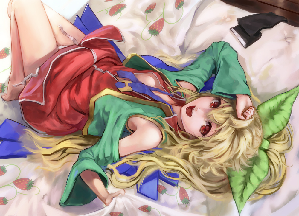 bare_legs, bare_shoulders, barefoot, blonde_hair, bow, dress, eyelashes, hair_bow, jacket, leaf, long_hair, looking_at_viewer, lying, necktie, nijie, nijie-tan, on_back, on_bed, open_mouth, original, panties, pantyshot, perii, ponytail, red_eyes, smile, solo, strawberry_print, underwear, untied
