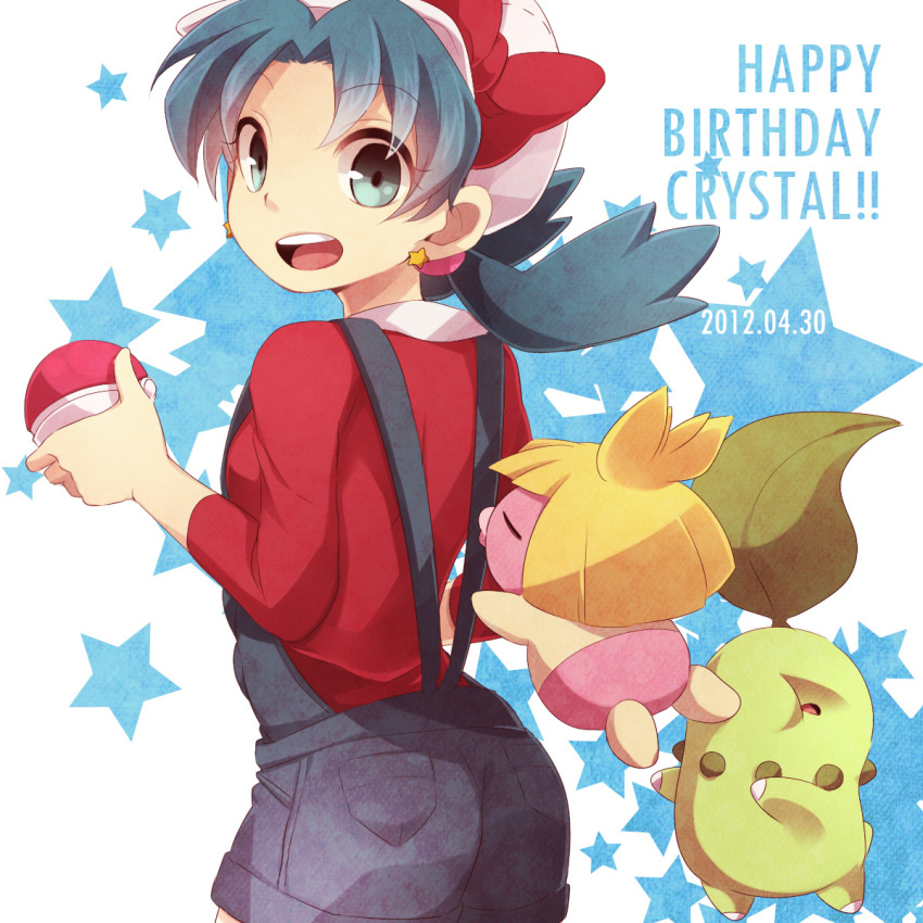 1girl, 2012, ass, blue_eyes, blue_hair, bow, character_name, chikorita