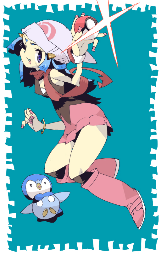 atsu4444, beanie, blue_hair, hair_ornament, hat, hikari_(pokemon), holding, holding_poke_ball, long_hair, piplup, poke_ball, pokemon, pokemon_(game), pokemon_dppt, scarf, skirt