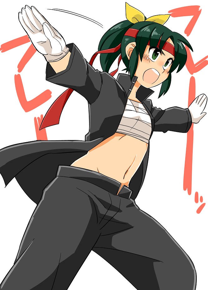 blush, gakuran, gloves, green_eyes, green_hair, headband, koyama_shigeru, midorikawa_nao