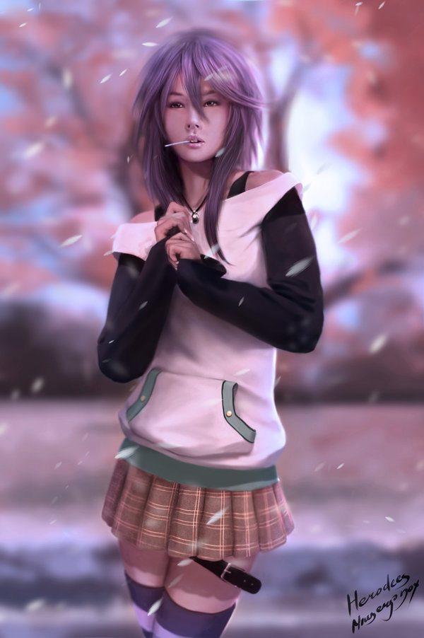 blue_eyes, blurry, candy, depth_of_field, herodees, ice, jewelry, lips, lollipop, necklace, purple_hair, realistic, rosario+vampire, shirayuki_mizore, signature, skirt, striped, striped_legwear, striped_thighhighs, thigh-highs, thigh_strap, thighhighs, zettai_ryouiki