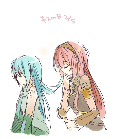 aqua_eyes, aqua_hair, dated, detached_sleeves, hair_brush, hair_down, hair_kiss, hairband