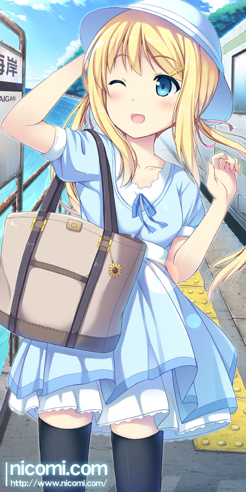 ;d, bag, black_legwear, blonde_hair, blue_eyes, blush, dress, english