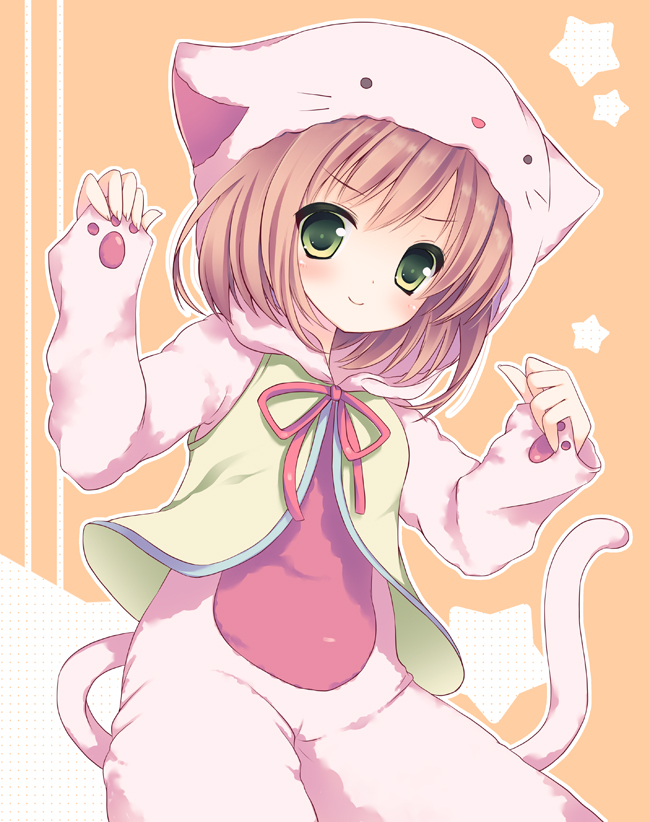 animal_costume, blush, brown_hair, cat_costume, cat_hood, cat_tail, green_eyes, hood