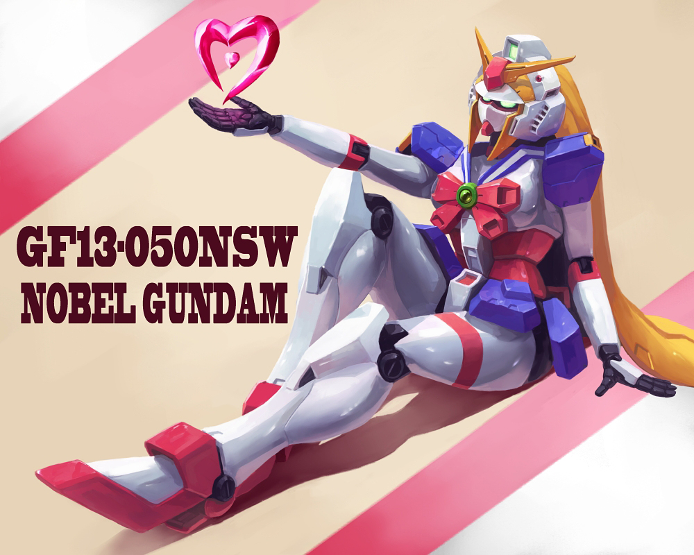 blonde, character_name, crystal, g_gundam, green_eyes, gundam, heart, high_heels, long_hair, mecha, no_humans, nobel_gundam, serafuku, sitting, solo, tori_yuhu