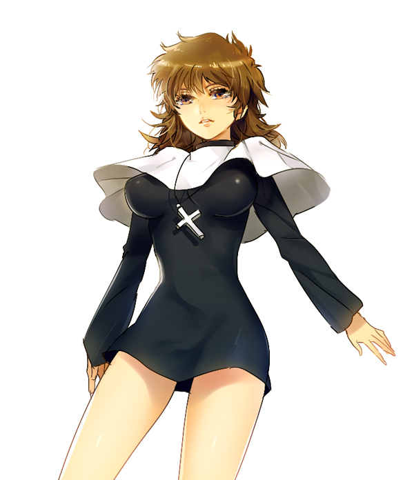 arnoul, breasts, brown_eyes, brown_hair, capelet, cross, cross_necklace, dress