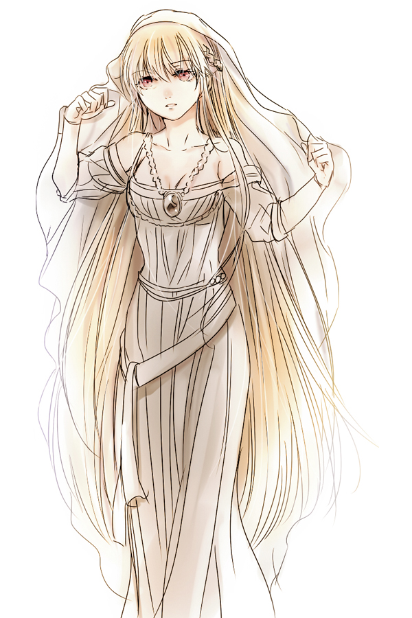 alternate_costume, arnoul, blonde_hair, dress, fate/stay_night, fate_(series), genderswap, gilgamesh, long_hair, red_eyes, solo, veil
