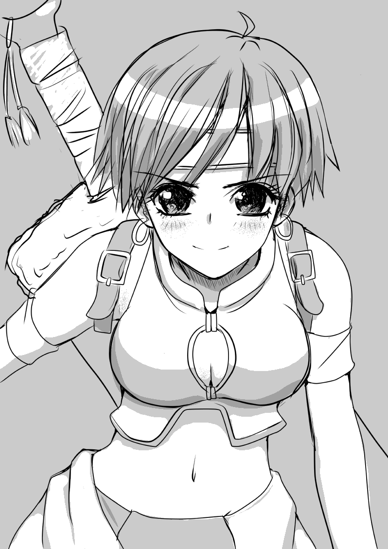 bad_id, blush, breasts, cleavage, cleavage_cutout, gensou_suikoden, gensou_suikoden_iv, leaning_forward, midriff, mitsuba_(suikoden), monochrome, nayunayunayu0001, short_hair, smile, sword, weapon