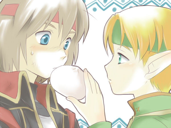 1girl, blonde_hair, blush, elf, feeding, gensou_suikoden, gensou_suikoden_iv, green_eyes