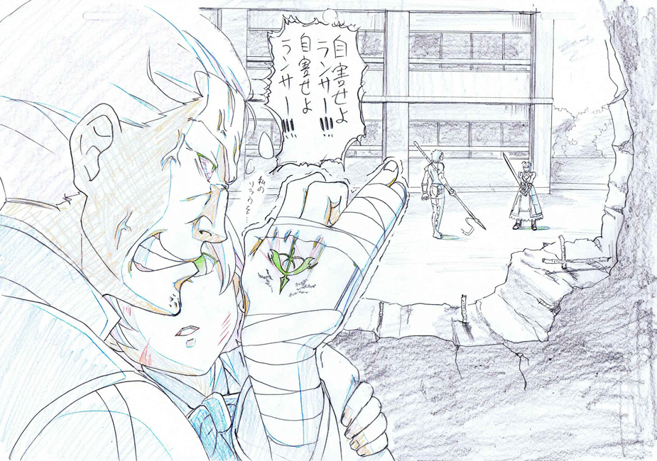 2boys, 2girls, anger_vein, bandages, color_trace, colored_pencil_(medium), command_spell, fate/zero