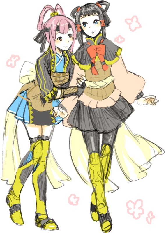 :o, arm_hug, armor, black_hair, blue_eyes, blush, boots, bow, fingerless_gloves, gensou_suikoden, gensou_suikoden_v, gloves, hair_ribbon, lyon, miakis, multiple_girls, pantyhose, purple_eyes, purple_hair, ribbon, short_hair, sketch, skirt, smile, tako_(pixiv251252), thigh-highs, thigh_boots, thighhighs, violet_eyes, zettai_ryouiki