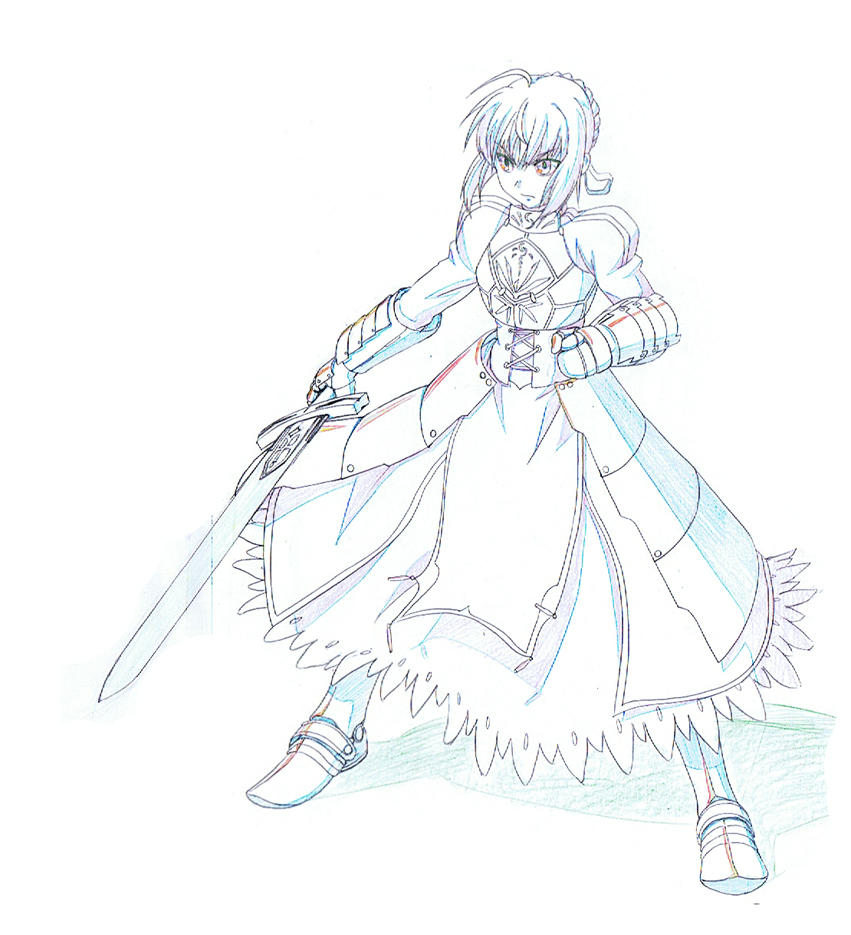 armor, armored_dress, color_trace, colored_pencil_(medium), dress, excalibur, fate/zero, fate_(series)