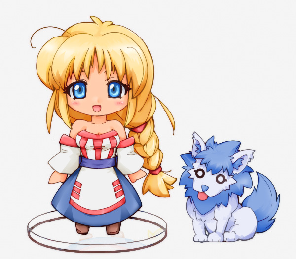 arc_the_lad, blonde_hair, blue_eyes, braid, breasts, chibi, faux_figurine, lieza