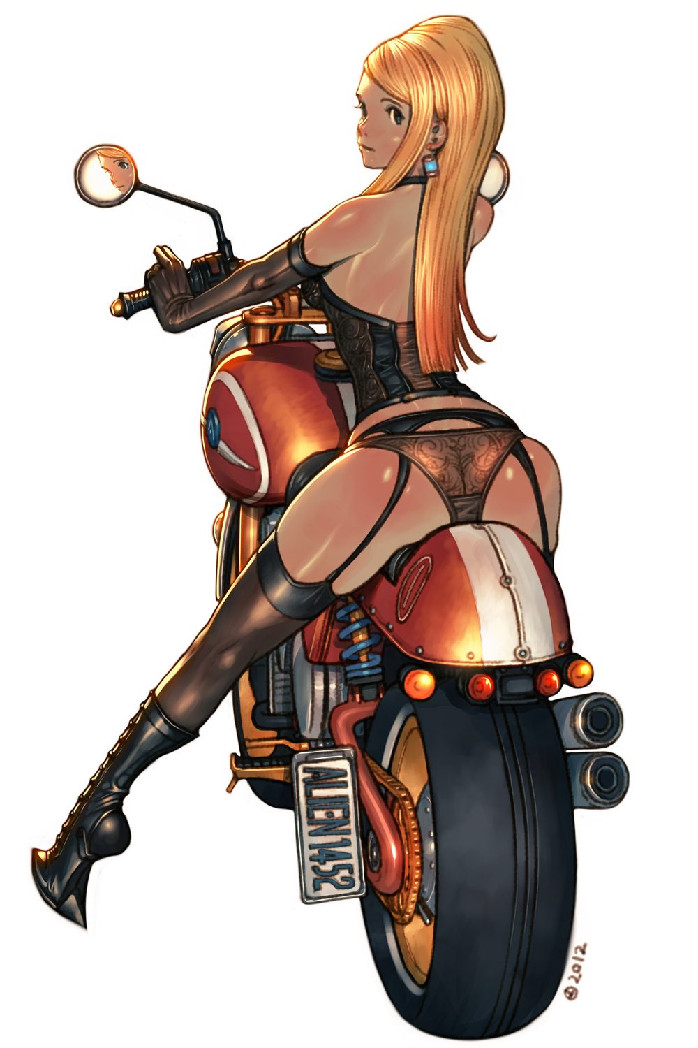 2012, alien1452, bare_shoulders, black_boots, black_eyes, black_gloves, black_legwear, black_panties, blonde_hair, boots, bustier, choker, earrings, elbow_gloves, from_behind, garter_belt, garter_straps, gloves, highres, jewelry, knee_boots, long_hair, looking_back, motor_vehicle, motorcycle, original, panties, simple_background, solo, thigh-highs, thighhighs, underwear, vehicle, white_background