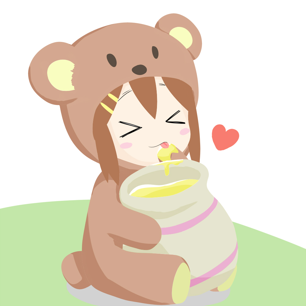 >_<, animal_costume, bear_costume, brown_hair, chrisebi, heart, hirasawa_yui, honey