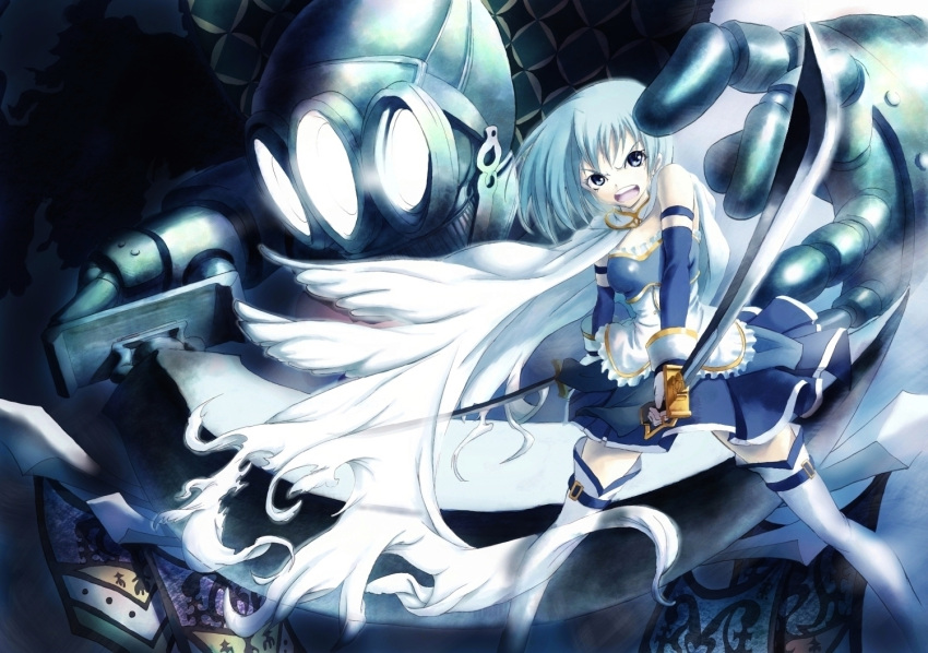 armband, armor, blue_eyes, blue_hair, cape, dual_persona, dual_wielding, gauntlets